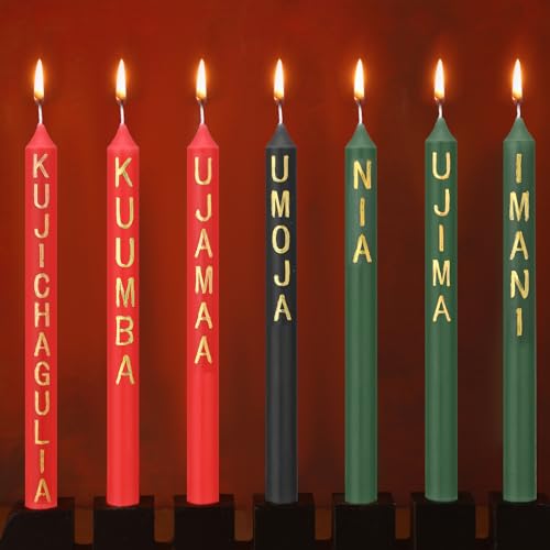 7 Pieces Kwanzaa Kinara Candles Set with Words Kwanzaa Decorations 3 Red 3 Green 1 Black Winter Kinara Candles Celebrates African Americans Traditional House Decoration, 9.8 x 0.8 Inch (Trendy)