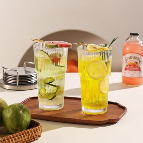 Image of WEZOSHINET Ribbed Glass Tumbler Drinking Glasses with Lids & Straws, Leak-Proof 20oz and 15oz Glass Cups, 2PCS Glass Tumblers, Ideal for Home, Office, Outdoor Use (20oz + 15oz Glass)