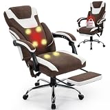 Massage Office Chair with Footrest,6-Point Vibration & Heat Executive Office Chairs,Ergonomic Desk Chair for Heavy People,Recliner with Padded Armrest,500LBS Big and Tall Office Chair,Brownwhite