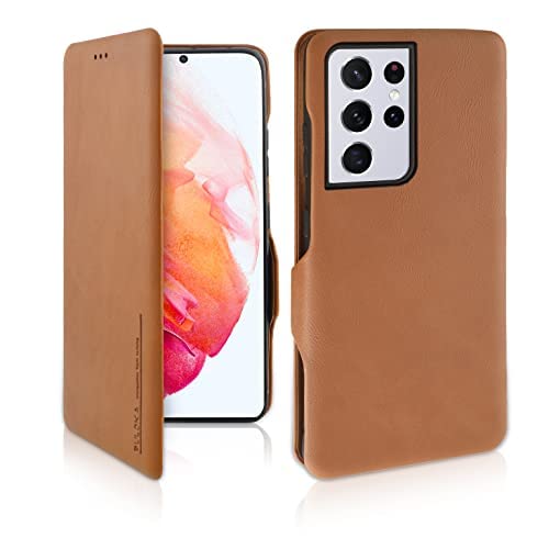 Image of PULOKA for Samsung Galaxy S22 Ultra - Sleek Flip Case - Premium Vegan Leather Phone Cover with Card Slot - Slim, Durable, Privacy Protection - Kickstand Function - Elegant Flip Wallet Cases - TAN