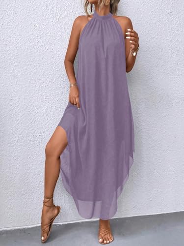 Image of Verdusa Women's Wedding Guest Dress Halter Flowy Chiffon Long Dresses | Cocktail Dress, Asymmetrical Dress for Women, Sleeveless, Prom Dress, Cruise Outfits, Boho