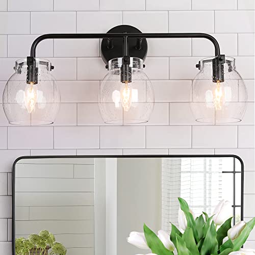 Durent Lighting Modern Bathroom Light Fixtures, Black Bathroom Vanity Lights Over Mirror, 3 Light Vanity Lighting with Seeded Glass Shade