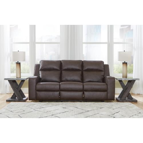 Image of Signature Design by Ashley Lavenhorne Faux Leather Manual Reclining Sofa | Heavyweight padded faux leather couch, Drop down table with 4 cup holders and USB ports, 3-in wall hugger design