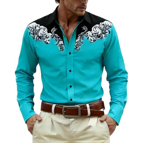 Camisa de Manga Larga Estilo Western Medieval para Hombre con diseño Festivo y Botones en Tejido Duradero de Herencia clásica y fácil Cuidado informalVersatilidad para Cada Momento del Día