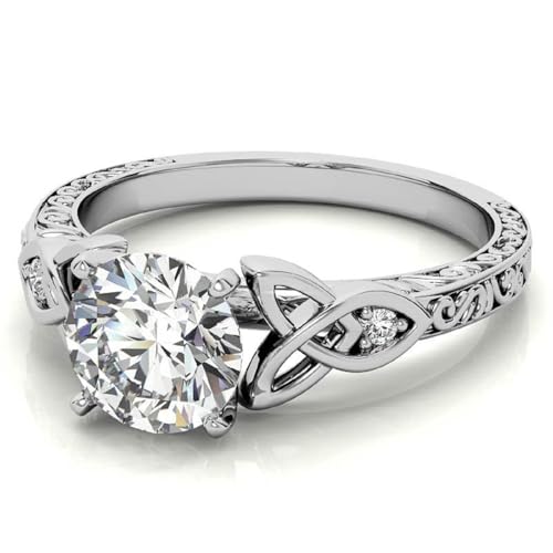 2 CT Round Cut Colorless Moissanite Accented Celtic Knot Engagement Ring,Solitaire Wedding Ring, Solid 14k White Gold Moissanite Rings, Anniversary Promise Ring Gifts for Her3