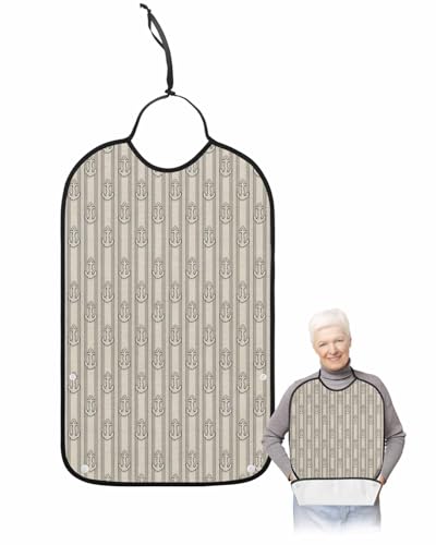Adult Bibs for Eating, Anchor Lines Beige Washable Elderly Adult Bibs for Men Women Large Reusable Adjustable Clothing Protector with Optional Crumb Catcher