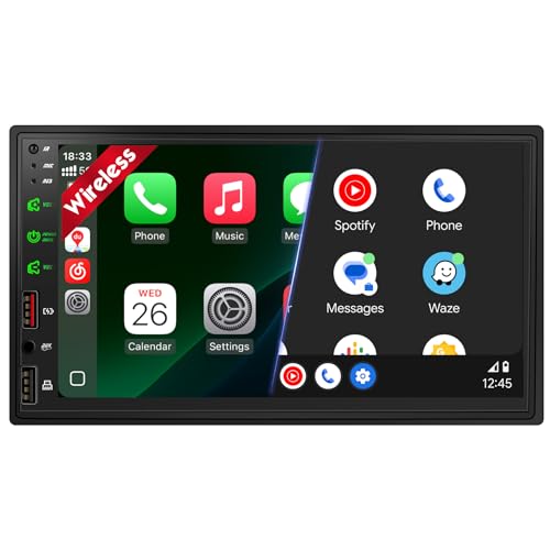 [Upgraded DSP] 7'' Double Din Car Stereo with Wireless Apple Carplay Android Auto, 240W Powerful Sound, FM/AM Radio, 7 Inch LCD Ultra HD Touchscreen, Bluetooth Handsfree, Waterproof Backup Camera, SWC