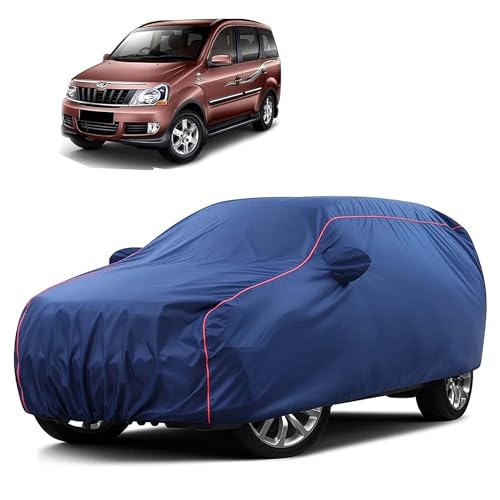 Image of Sulfar 100% Water Resistant Car Body Cover Compatible with Mirror for Mahindra Xylo (Triple Stitched, Full Bottom Elastic, Blue Taffeta with Red Piping)