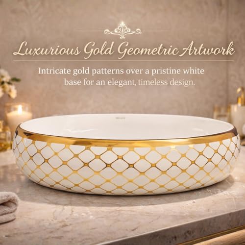 Image of Wallace Premium Countertop Wash Basin 60x40x15 cm | Oval Ceramic Table Top Sink | White & Gold Finish | Glossy Designer Bathroom Vanity Wash Bowl | Modern Luxury Above Counter Basin