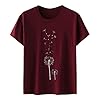 2025 Short Sleeve Crew Neck Dandelion Print T-Shirt Top for Women Juice Suit, Wine Red, S #1
