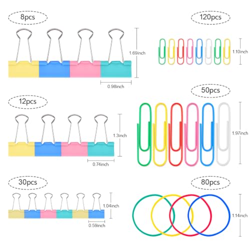 Sopito 300pcs Paper Clips, Binder Clips & Rubber Bands, Colored Set