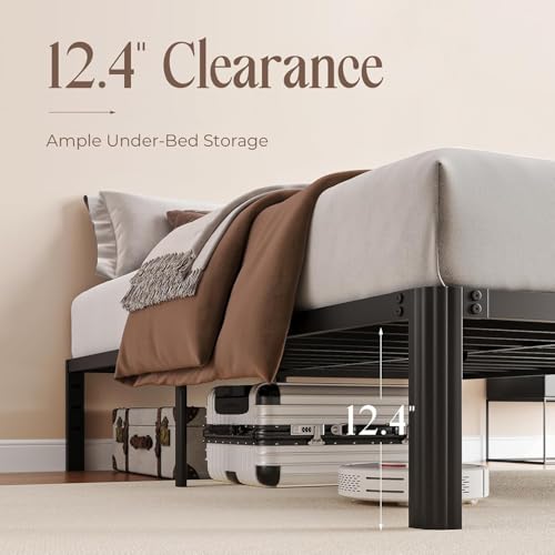 Image of King Metal Bed Frame 14 Inch, Heavy Duty Platform, No Box Spring Needed | Headboard compatible, round corners, under-bed storage, mattress retainers, squeak-resistant, easy assembly