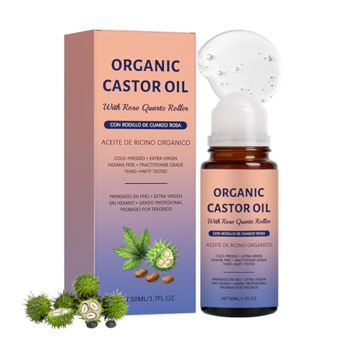 Organic Castor Oil Roll On   Organic Castor Oil with Rose Quartz Roller, Deep Moisturizing Skin Care, Natural Ingredients, Non Greasy, for Belly, Face, Body, Under Eyes (1Pcs)