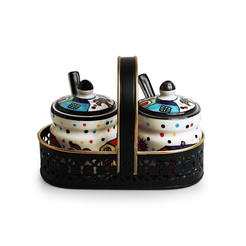 Image of ExclusiveLane 'The Hut' Ceramic Pickle Jars for Dining Table Jars With Spoons & Iron Holder (Non Air-Tight,Set Of 2,280 ml,Multicolor) | Ceramic Jars for Kitchen Storage Pickle Jar for Storage