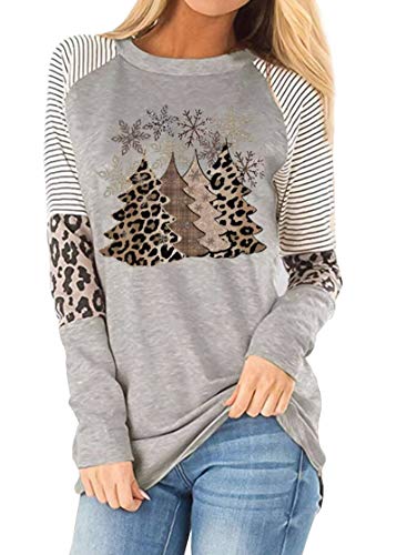 Leopard Christmas Tree Snowflake Splicing Leopard Blouse Women Funny Graphics Print Casual Long Sleeve T-Shirt (Light Grey, Medium)
