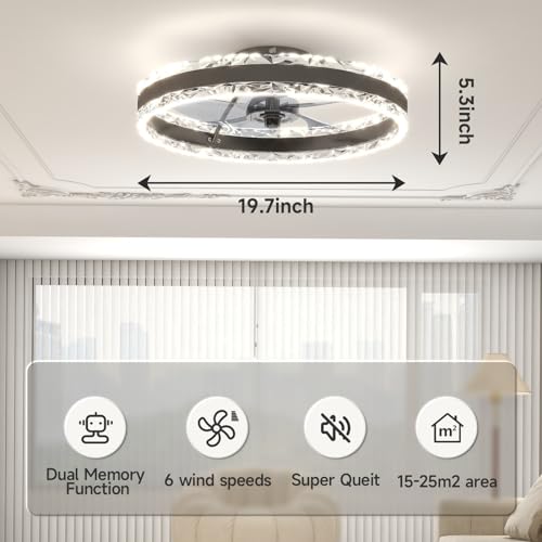 VOLISUN Low Profile Ceiling Fans with Light and Remote, 19.7in Fandelier Ceiling Fan with Light, 3000K-6500K Dimmable Flush Mount LED Ceiling Fan Light, Black Modern Ceiling Fan Light for Bedroom - image 5