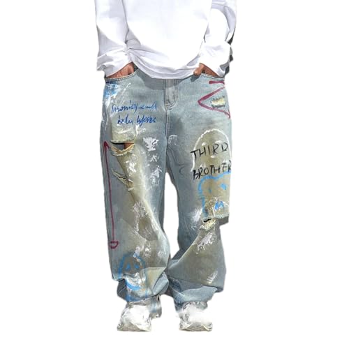 Men’S Chic Slim Fit Straight Ripped Denim Full Length Jeans Button Fly Midweight Light Distressed Destroy Wash Print Detail