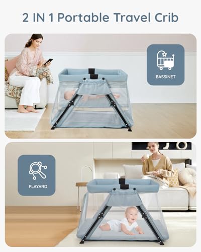 Image of Lilian&Gema 2-in-1 Travel Crib, Portable & Foldable Crib with Backpack, Lightweight Baby Travel Playpen with Thick Mattress for Babies & Toddlers, Baby Travel Essential