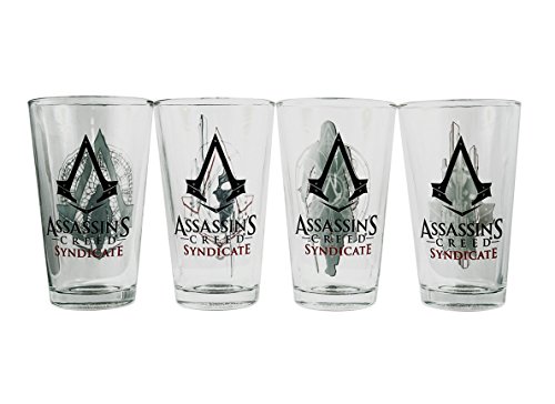 4-Pack GIFT SET 16oz Official Assassin's Creed Syndicate Cleared PREMIUM Pint Glass Novelty GIFT SET with Assassin's Creed character and logo printed (What's The Best Assassin's Creed Game)