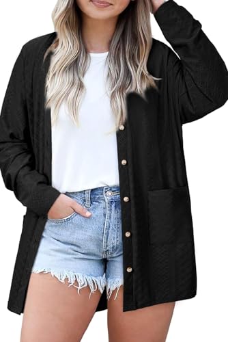 Eytino Plus Size Cardigan for Women Eyelets Casual Lightweight Open Front Long Sleeve Fall Knit Outerwear with Pocket(1X-5X)