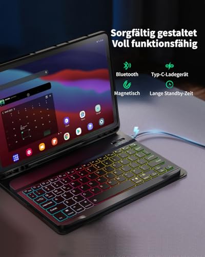 MicroTunk für Samsung Galaxy Tab S6 Lite (2024/2022/2020) 10.4 Zoll Hülle mit Kabelloses Bluetooth Beleuchtete Farbige Deutsch Tastatur (QWERTZ) und Maus, Magnetisch Abnehmbar, Backlit Keyboard Case