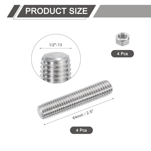 QUARKZMAN 1/2-13 Vollgewinde-Stange, 4 Stück 304 Edelstahl Langgewindeschraube 2,5 Länge Rechtsgewinde für Möbelmontage Befestigung