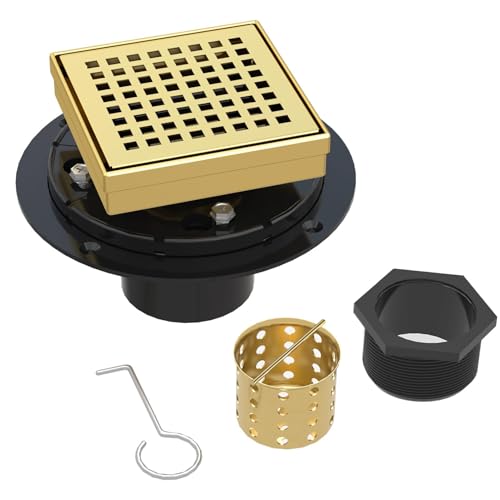 4 Inch Square Shower Drain | Brushed Gold Shower Drain with Flange, Hair Strainer & Removable Grid Cover, AISI 304 Stainless Steel Shower Floor Drain, in Bathroom, Kitchen, Balcony etc