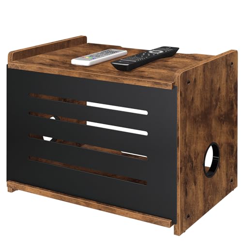 Homode Router Shelf, Wood Wifi Box Hider, Projector Shelf Stand, Router Modem Storage Box Power Strip Cable Management Hider Rack, Routers Cover Organizer for Office Home, Rustic Brown