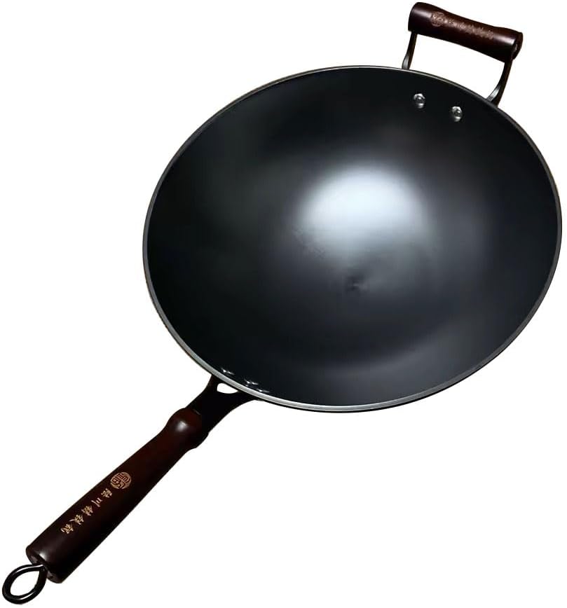 Wok de Hierro Fundido Negro 13 pulgadas Mango de Madera Antiadherente Físico