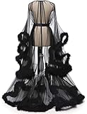 Kumeng womens Wedding Sexy Feather Bridal Upgraded Illusion Tulle Long New Custom Made Robe Scarf, Black, Medium
