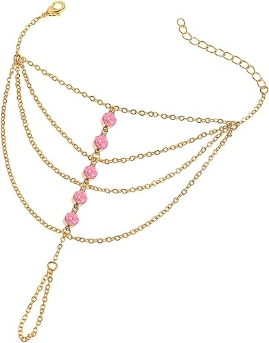Suyi Finger Ring Bracelet Hand Harness Chain Bracelet Rhinestone Gifts for Women Girls Pink Gold 8CM/3.1IN
