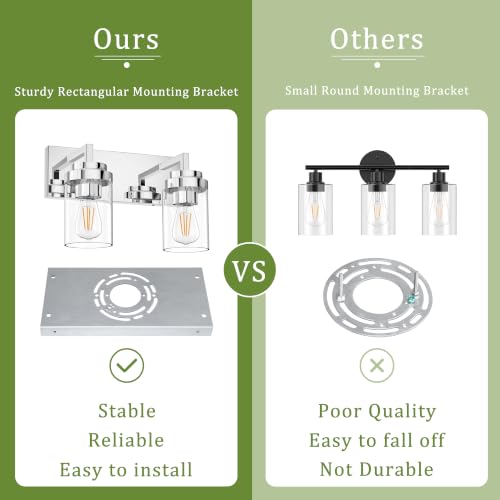 Image of Bathroom Vanity Fixtures, 2 Light Matte Chrome Vanity Light with Clear Glass Shade, 15in Farmhouse wall Light, Lighting Fixture Over Mirror for Bathroom