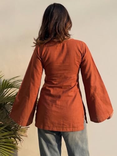 Image of ANNI Designer Short Kurti for Women Solid Design | V Neck Full Sleeve Kurti Tops for Women | Stylish Kurtis & Short Kurtis for Woman | Casual Kurti with Jeans | Kurtas for Woman