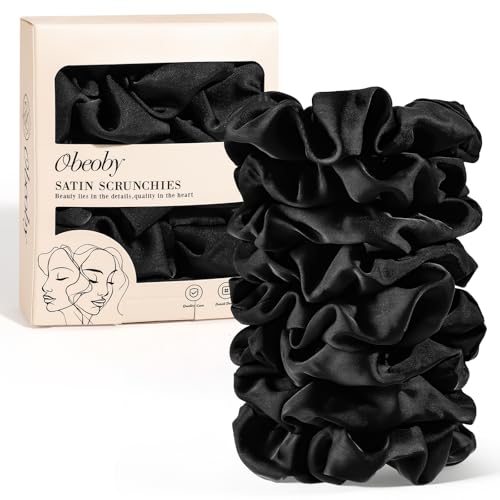 Black Satin Scrunchies 8 Pack Soft Hair Ties for Women & Girls
