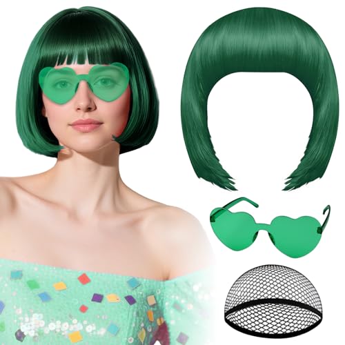 PLULON Dark Green Bob Wig with Heart Sunglasses and Hair Cap Colorful Short Bob Wigs Synthetic Party Wigs Funny Cosplay Hairpieces for Women Men Neon Bachelorette Halloween Costume Party Decorations