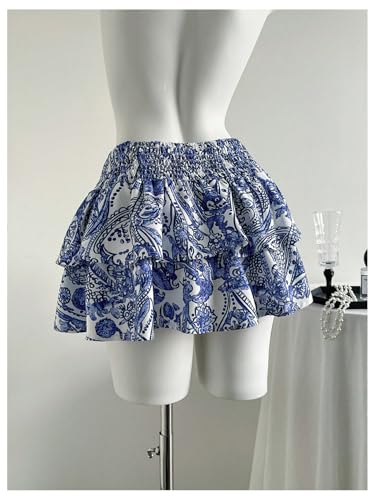Women's Boho Printed Mini Skirts Ruffle Layered Elastic High Waist Summer A Line Skirt2