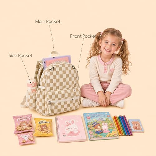Image of Corduroy Toddler Backpack for Boys & Girls, Kids Backpacks | Small Kids Bookbag for School, 2-4 Preschool Kindergarten Backpack, Toddler Daycare Backpack -Brow Checkered