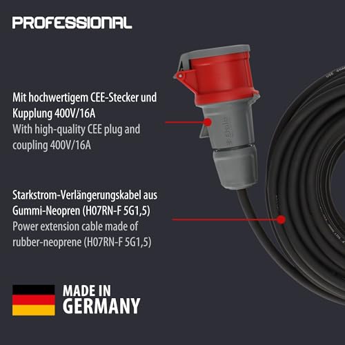 Brennenstuhl Professional CEE Verlängerungskabel IP44 (30m Kabel, H07RN-F 5G1,5, 5-polig mit CEE Stecker und Kupplung, für den Außenbereich IP44, Made in Germany) schwarz