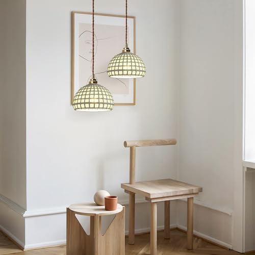 Image of Modern Ceramic Pendant Light Farmhouse Brass Finish Sky Blue Pendant Light Mid Century Ceiling Hanging Lamp for Kitchen Island Bedroom Bedside