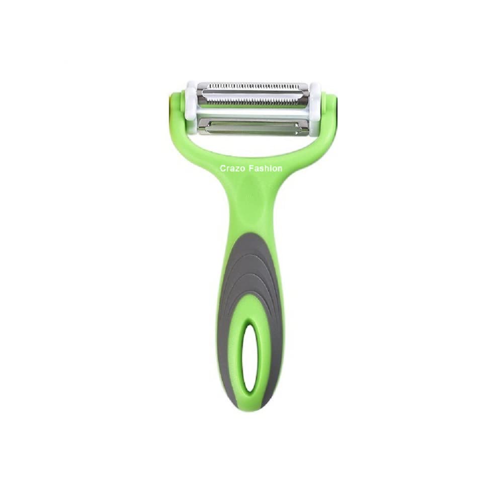 Crazo Fashion 3-in-1 Multi-Functional Peeler for Vegetables and Fruits for Kitchen | Extra Sharp Rotating Steel Blades – Straight, Serrated, Julienne | Anti Slip Handle (Green) (Pack of 1)