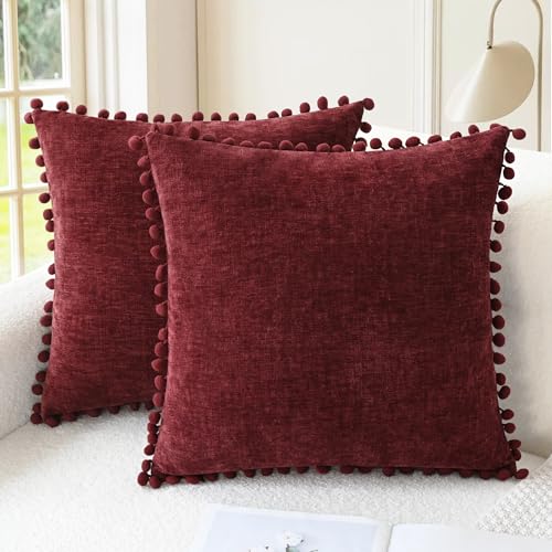 CaliTime Confezione da 2 federe per cuscini in ciniglia morbida con pompon per divano, 50 cm x 50 cm, colore bordeaux