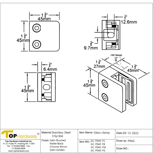 Stainless Steel Square Flat Back Glass Clamp 45 X 45 Mm For 1/4" - 3/8" Tempered Glass Or Laminated Glass (Satin Brush Finish, 45 X 45 Mm, 4 Pcs Gc-045Fs) #TOP1