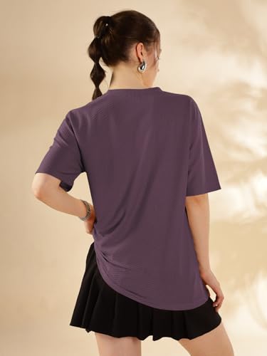 Image of HELLCAT Trendy Textured Half Sleeve Oversized Hexagon Waffle Crew Neck Tshirt for Women