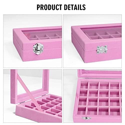 Velvet Jewelry Box 24 Grid Jewelry Ring Display Organiser Box Tray Holder Earrings Storage Case for Girls Wife Mom Women (Pink)4