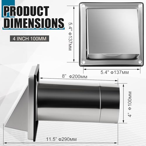Image of Gisafai 4 inch Dryer Vent Cover Outside with Stainless Steel Guard Outdoor Wall Dryer Exhaust Vent Cap with Removable Extension Pipe, Non-return Flap and Sealing Gasket Grille Screen