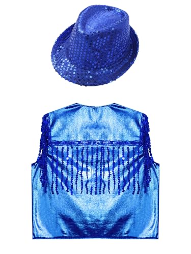 Kids Girls Sequin Dance Outfits Shiny Sleeveless Jacket Metallic Vest with Hat for Hip Hop Jazz Dance Wear4