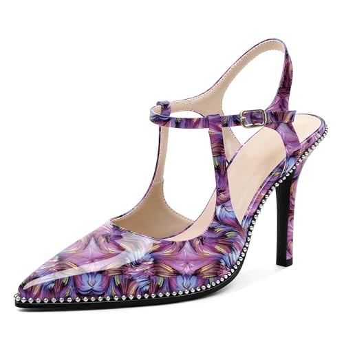 Image of SAMMITOP Womens High Heels Ankle Strap Pointed Toe Stilettos Patent Leather Beaded Pumps Dress Shoes 3.5 Inch