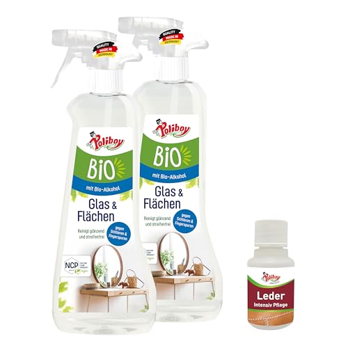 Poliboy Bio Limpiador de cristales y limpiador de superficies – para una limpieza brillante y sin rayas de superficies de espejo – Vegano – Botella pulverizadora – 2 unidades de 500 ml (1 L) –
