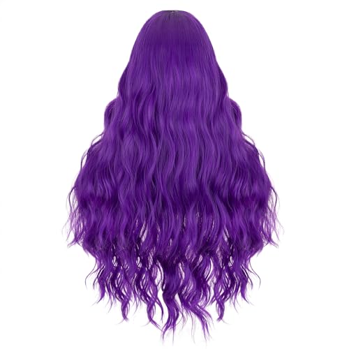 Image of S-noilite Long Purple Wavy Wig for Women 27 inch Middle Part Curly Wavy Wig Heat Resistant Synthetic Hair Seamless Hairline Colorful Anime Cosplay Wigs Halloween Costume Party
