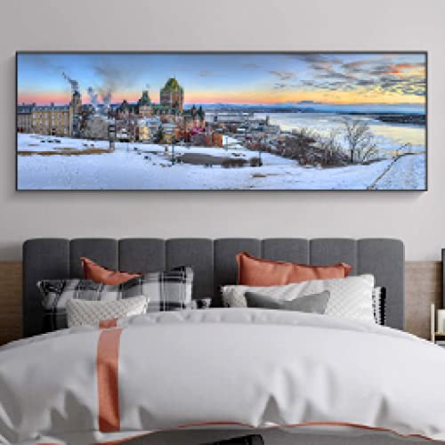 Peinture sur toile moderne paysage ville neige grand format 70x210cm pour déco salon